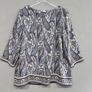 J. Jill Tunic Top Size XL Paisley Print 3/4 Sleeves Pullover Overlay Back